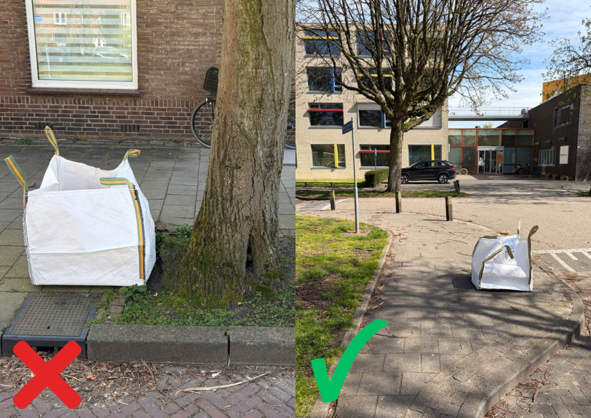 Twee foto’s ter vergelijking: links een big bag te dicht bij een obstakel (onjuist), rechts een big bag met voldoende ruimte voor de grijper van de Tegeltaxi (juist).